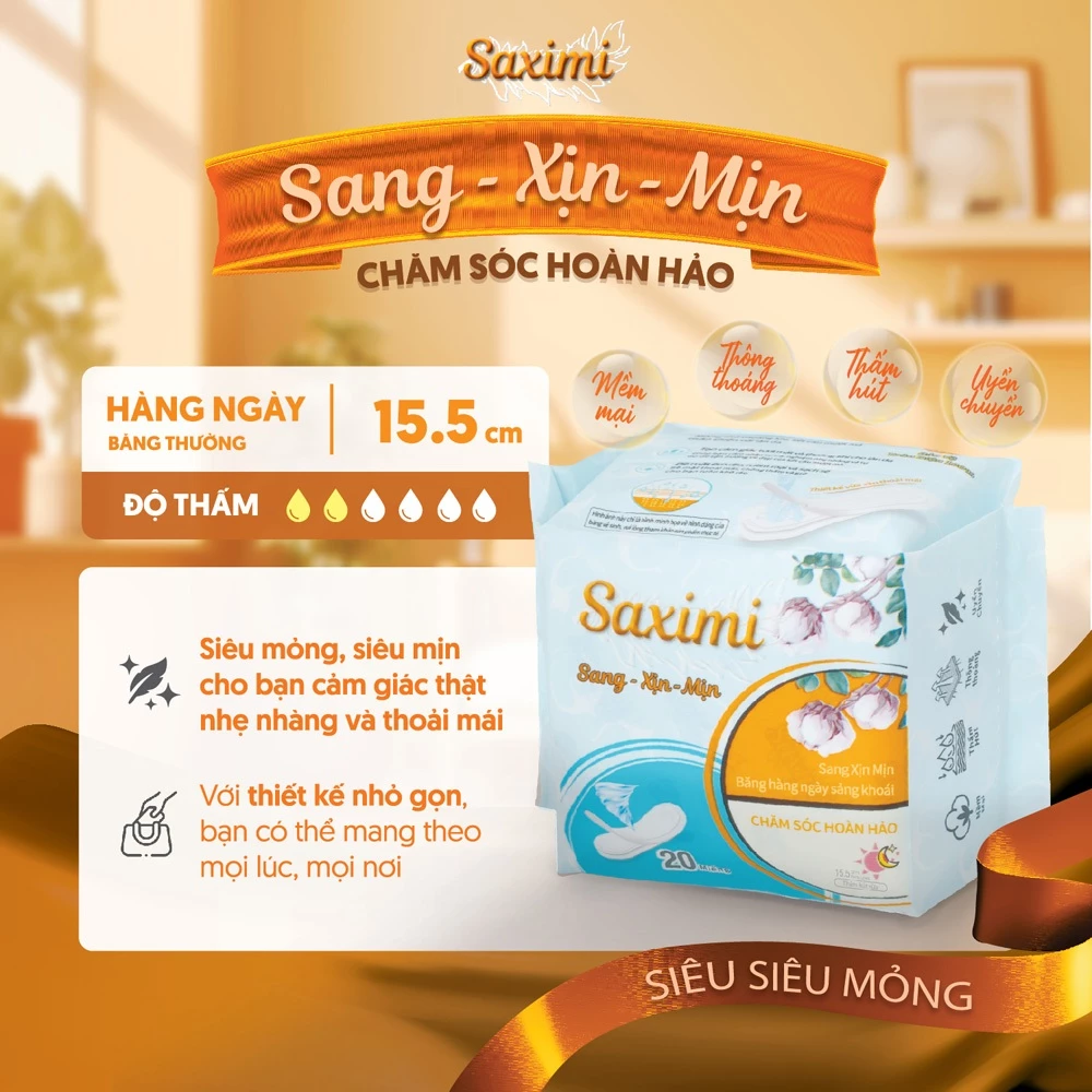 Băng vệ sinh hằng ngày Saximi - Dòng Bông mềm mịn 15.5cm